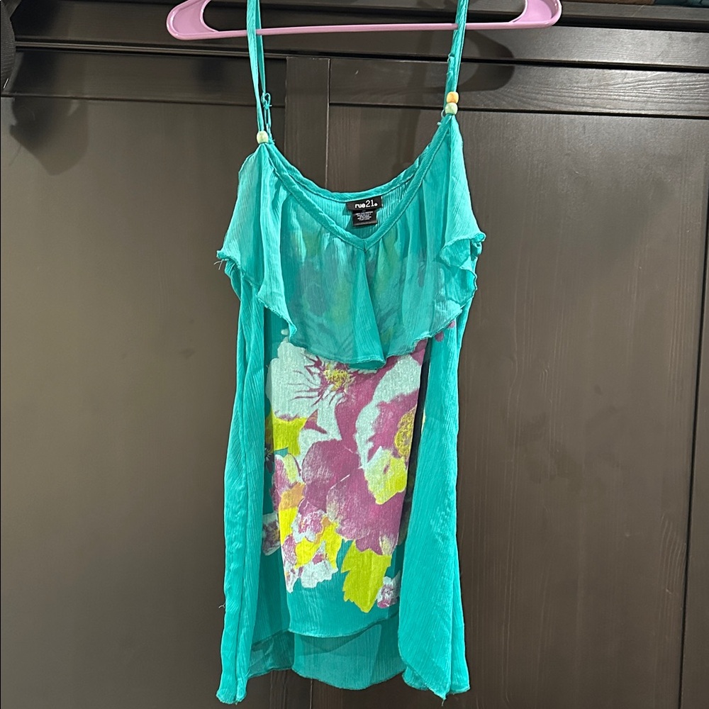 Rue21 Sheer Teal Camisole with Purple and Yellow Floral Design